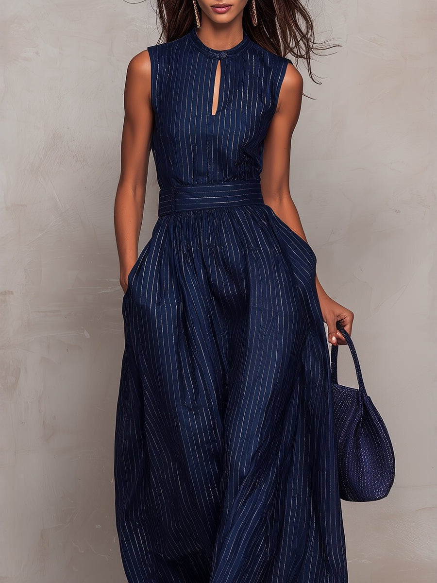 Dark Blue Striped Sleeveless Fitted Waist Wide-leg Jumpsuit