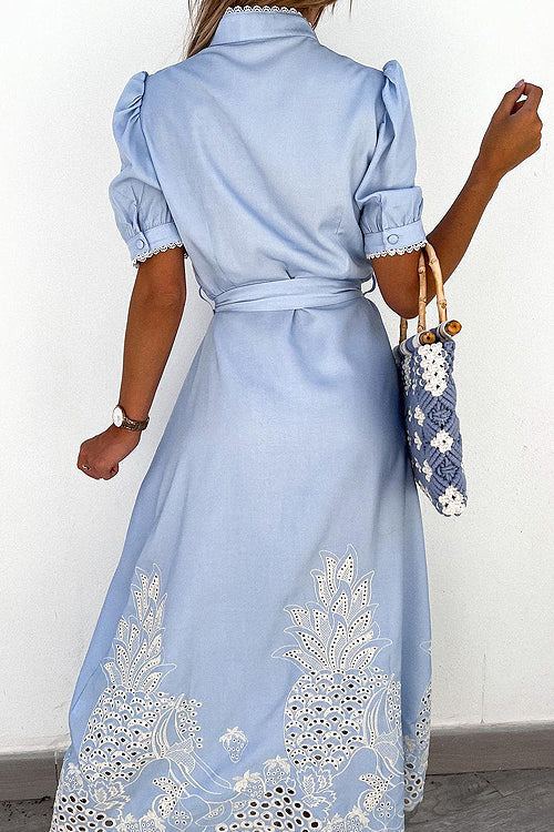 Pineapple Eyelet Embroidery Puff Sleeve Shirt Collar Button Midi Dress