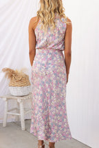 Satin Floral Print Halter Neck Cowl Neck Two Piece Set