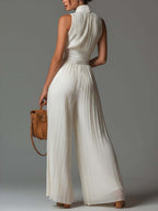 White Pleated Halter Jumpsuit