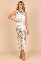 Satin Floral Print Halter Neck Cowl Neck Two Piece Set