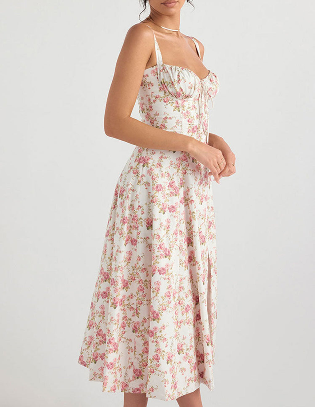 Ditsy Floral Print Sweetheart Corset Front Slit Midi Dress