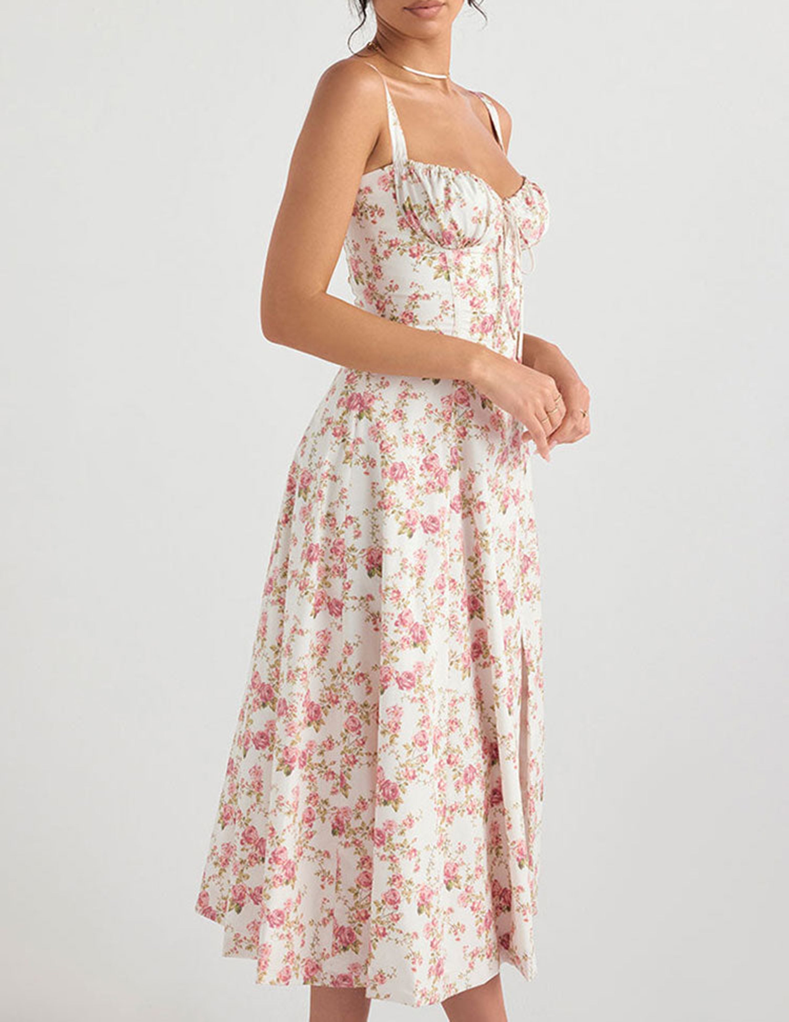 Ditsy Floral Print Sweetheart Corset Front Slit Midi Dress