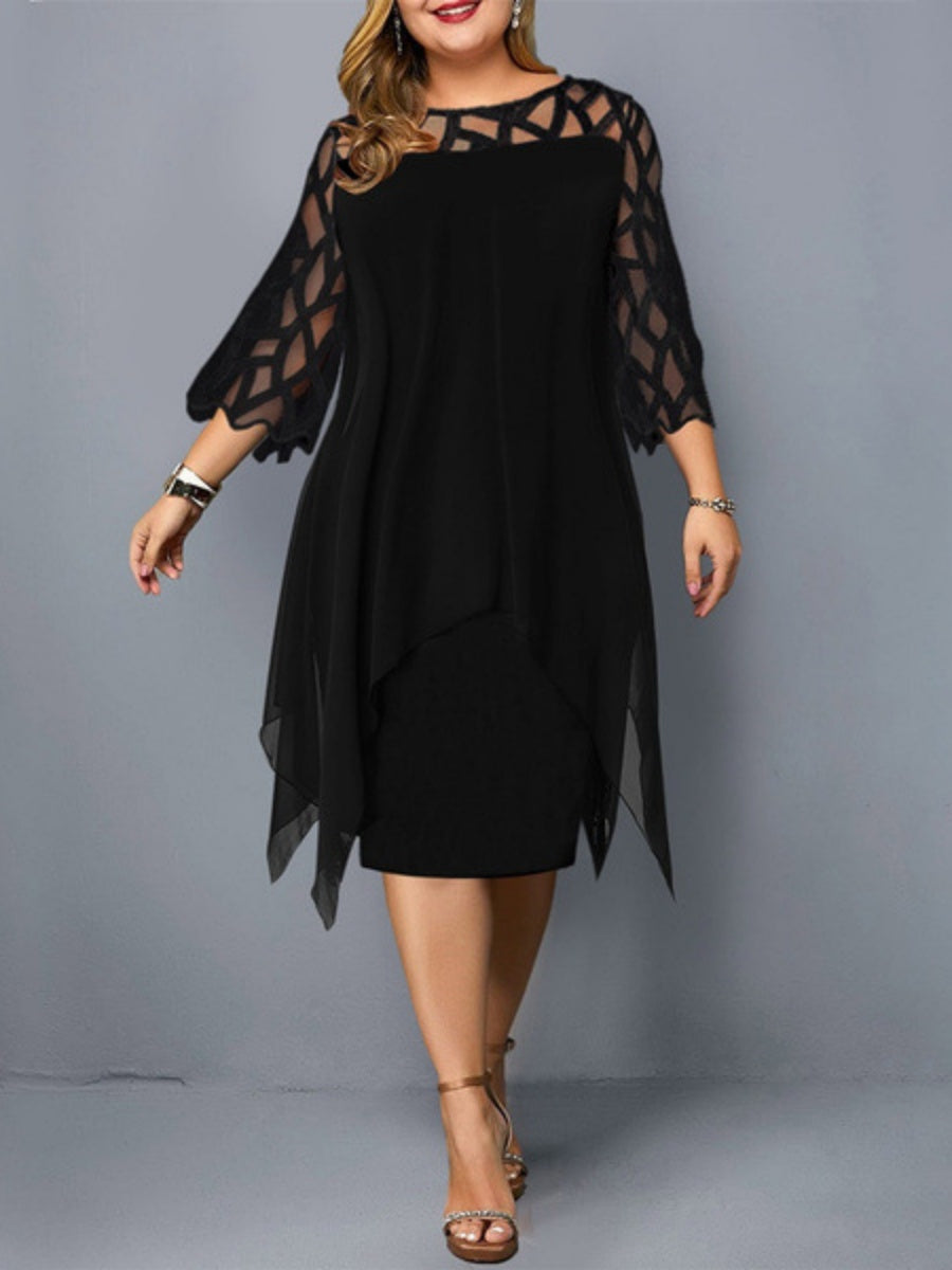 Geometry Splicing Three-quarter Sleeves Irregular Hem Chiffon Midi Dresses
