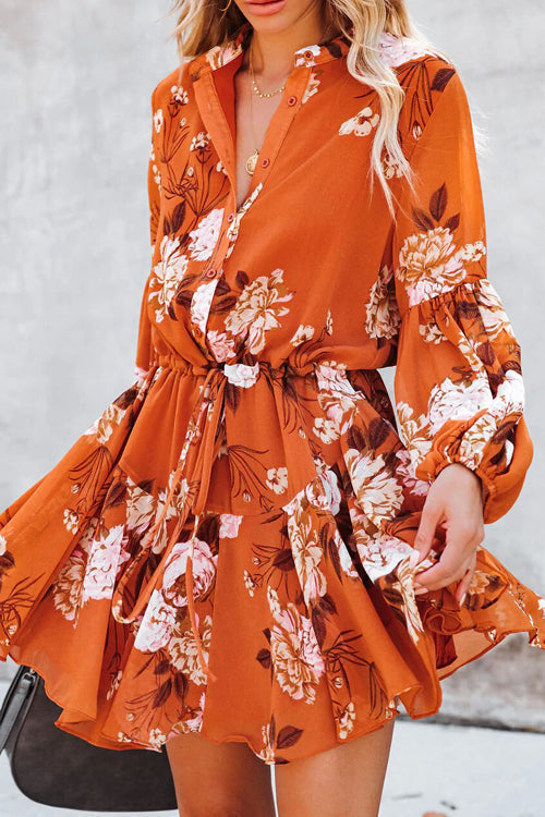 Floral Print V-Neck Button-Front Drawstring Waist Ruffle Hem Mini Dress