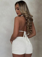 Lace Sway Neck Backless Top Slim-fit Shorts 2-piece Sets