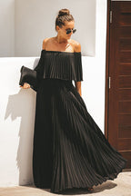 Off Shoulder Pleated Ruffle Overlay Accordion Pleat Maxi Dress