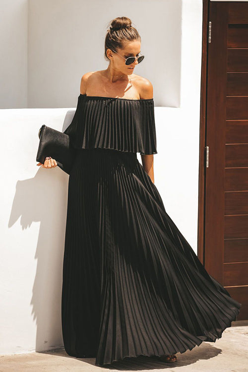 Off Shoulder Pleated Ruffle Overlay Accordion Pleat Maxi Dress