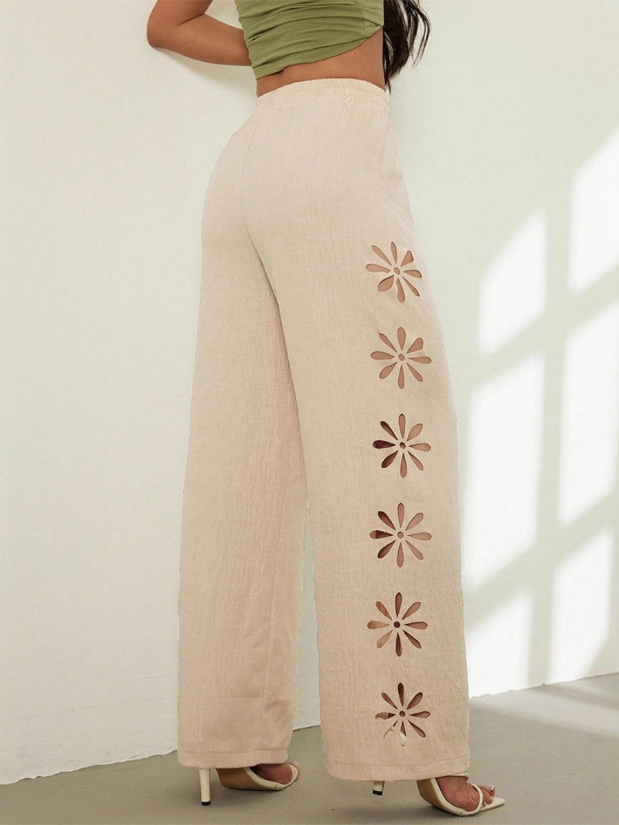 Minimalist Style Drawstring Hollow-out Solid Color Loose Wide-leg Trousers