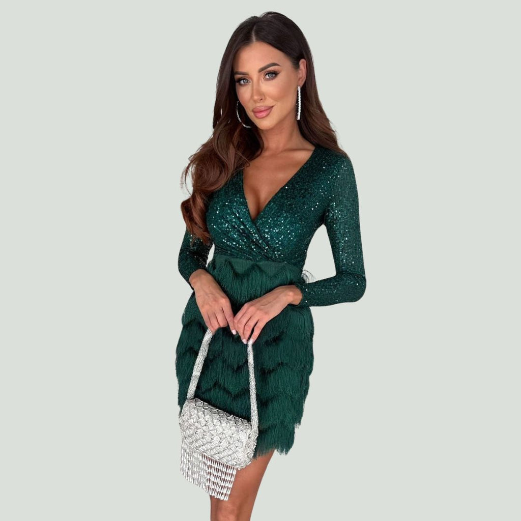 Amalberga Aesthetic Heidi Mode Sequin Dress with V Neck Statement Occasion Edit