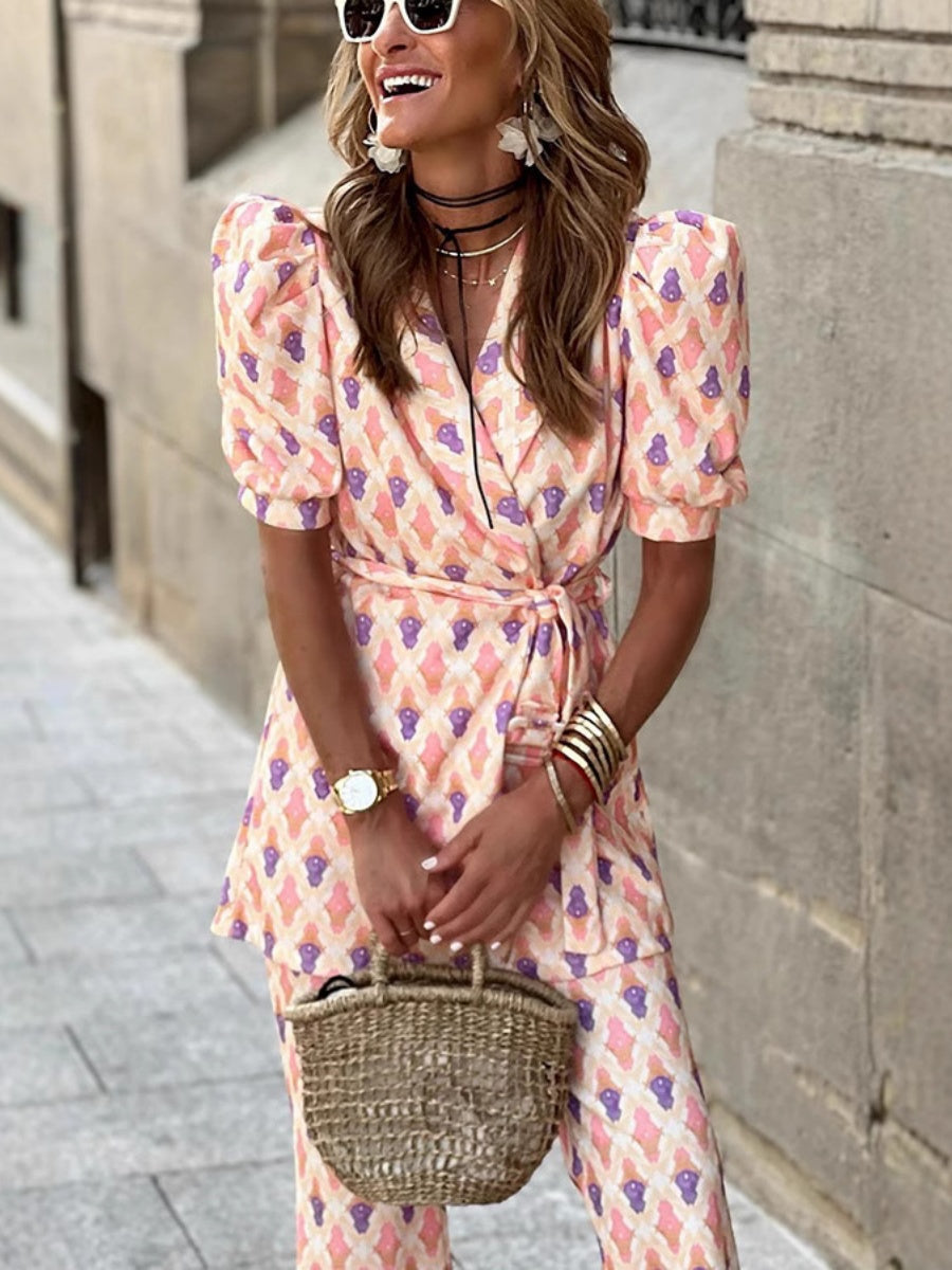 Geometric Pattern Printing Shirt Tie Wide-leg Pants Set 2-piece Sets