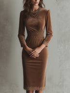 Gold Velvet Lace Pullover Spliced Midi Dress