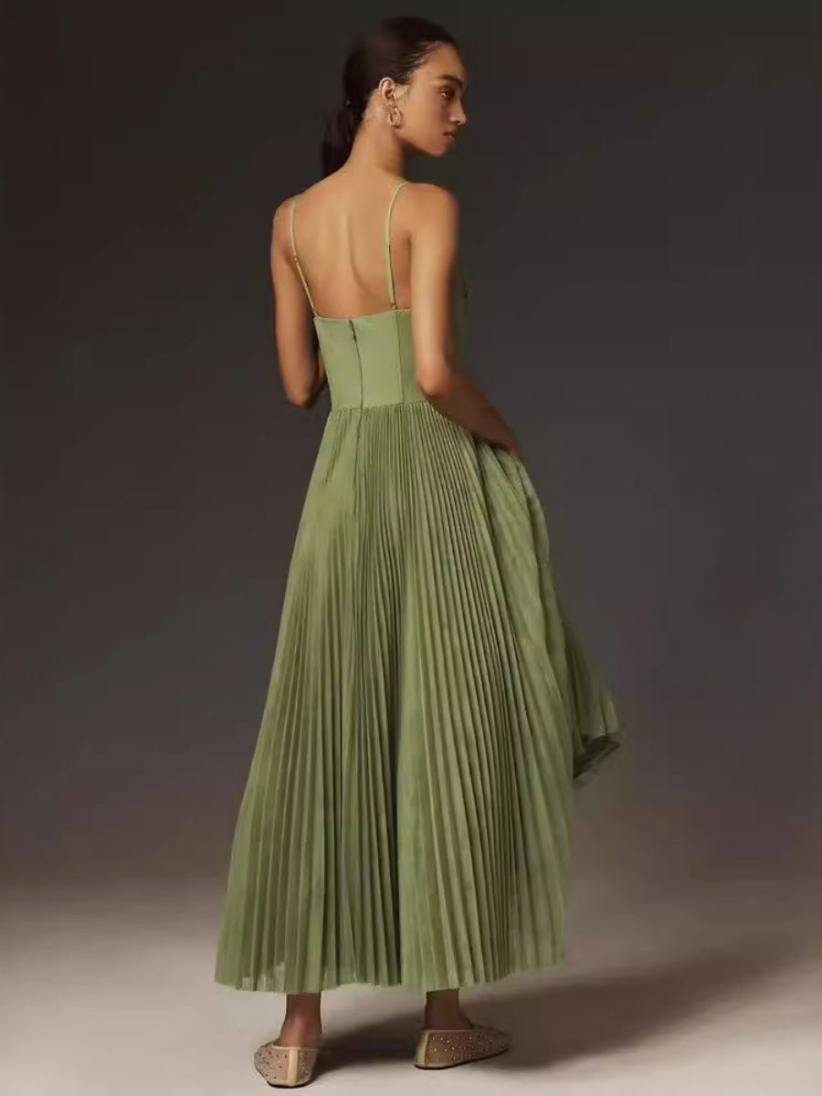 Sleeveless Deep V Slim Fit Pleated Camisoles Maxi Dresses