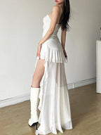 Mesh Ruffle Irregular Hem Camisoles Mini&Short Dresses