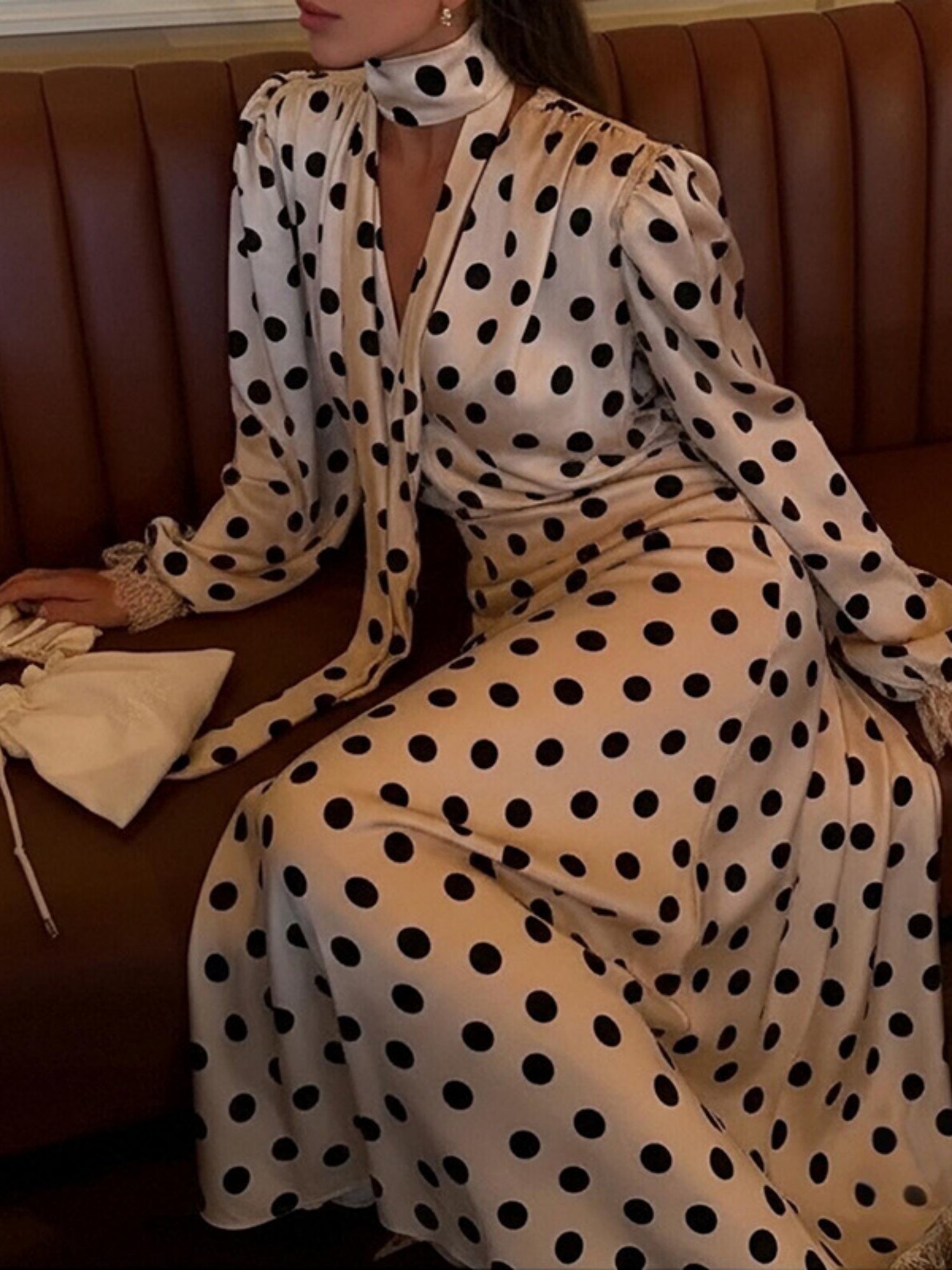 Polka Dots V-neck Puff Sleeves Waist Shaping Maxi Dresses