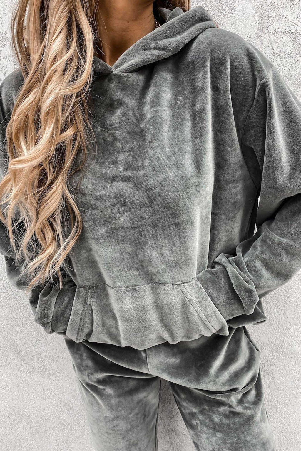 Velour Solid Color Hoodie Long Pants Set