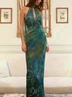 Halter Keyhole Criss Cross Waist Impressionist Print Plisse Maxi Gown