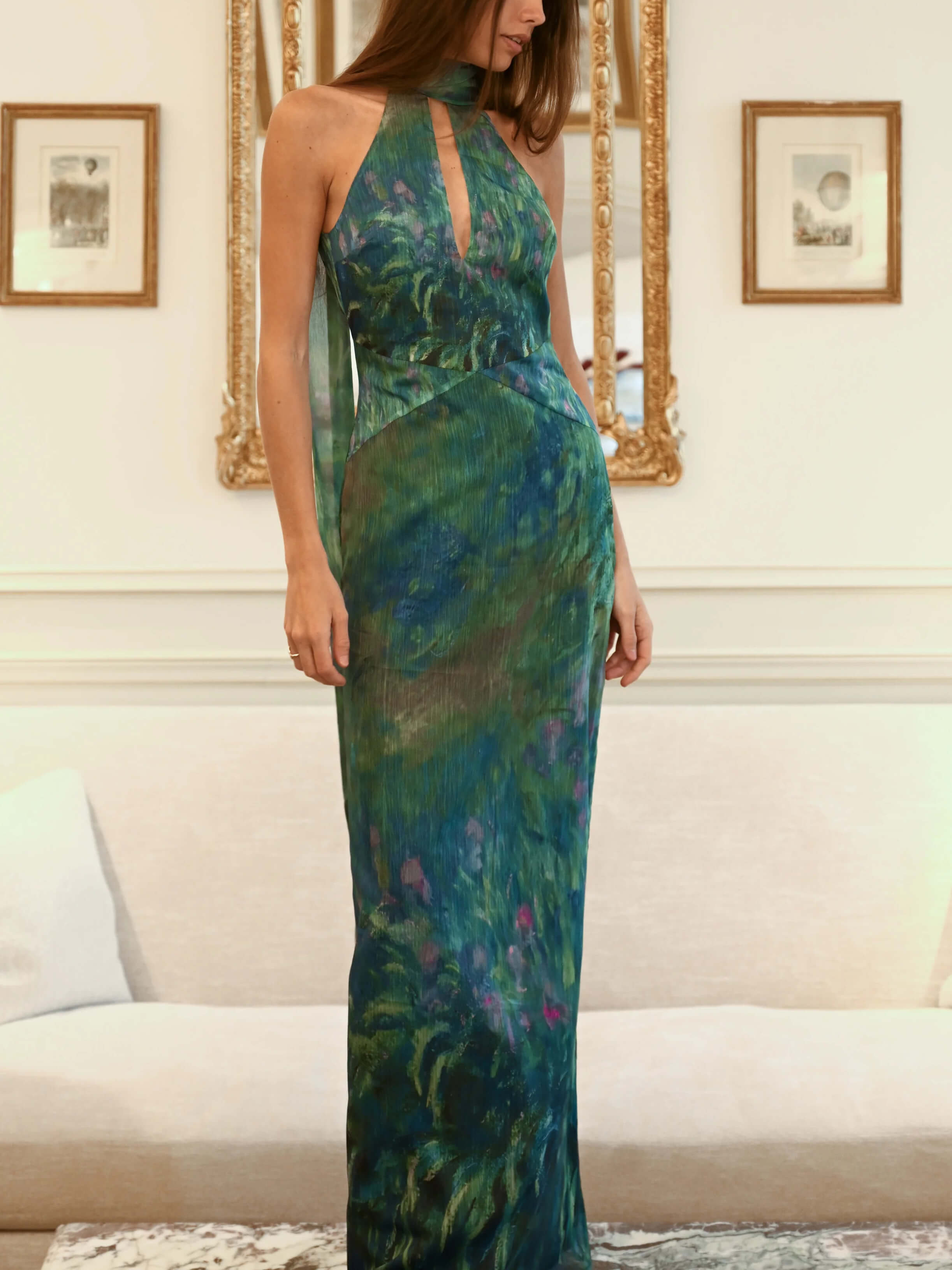 Halter Keyhole Criss Cross Waist Impressionist Print Plisse Maxi Gown