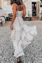 Snakeskin Print Button Front Spaghetti Strap Center Slit Maxi Dress
