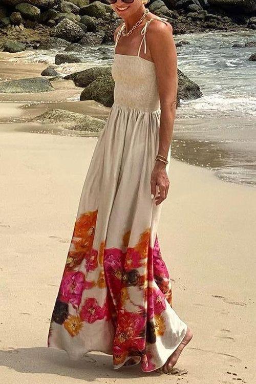 Bow Shoulder Smocked Floral Print Cami Maxi Vacation Dress