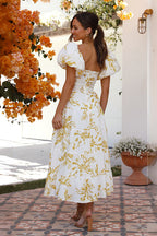 Off Shoulder Twist Front Cut Out Puff Sleeve Tiered Floral Maxi Dress