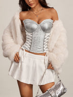 PU Leather Patchwork Lace Straps Strapless Vest