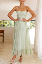 Frill Trim Lace Up Ruched Maxi Cami Dress
