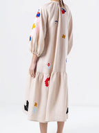 Abstract Geometric Embroidery Balloon Sleeve Tiered Midi Dress