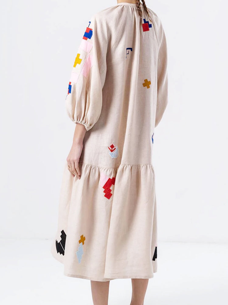 Abstract Geometric Embroidery Balloon Sleeve Tiered Midi Dress