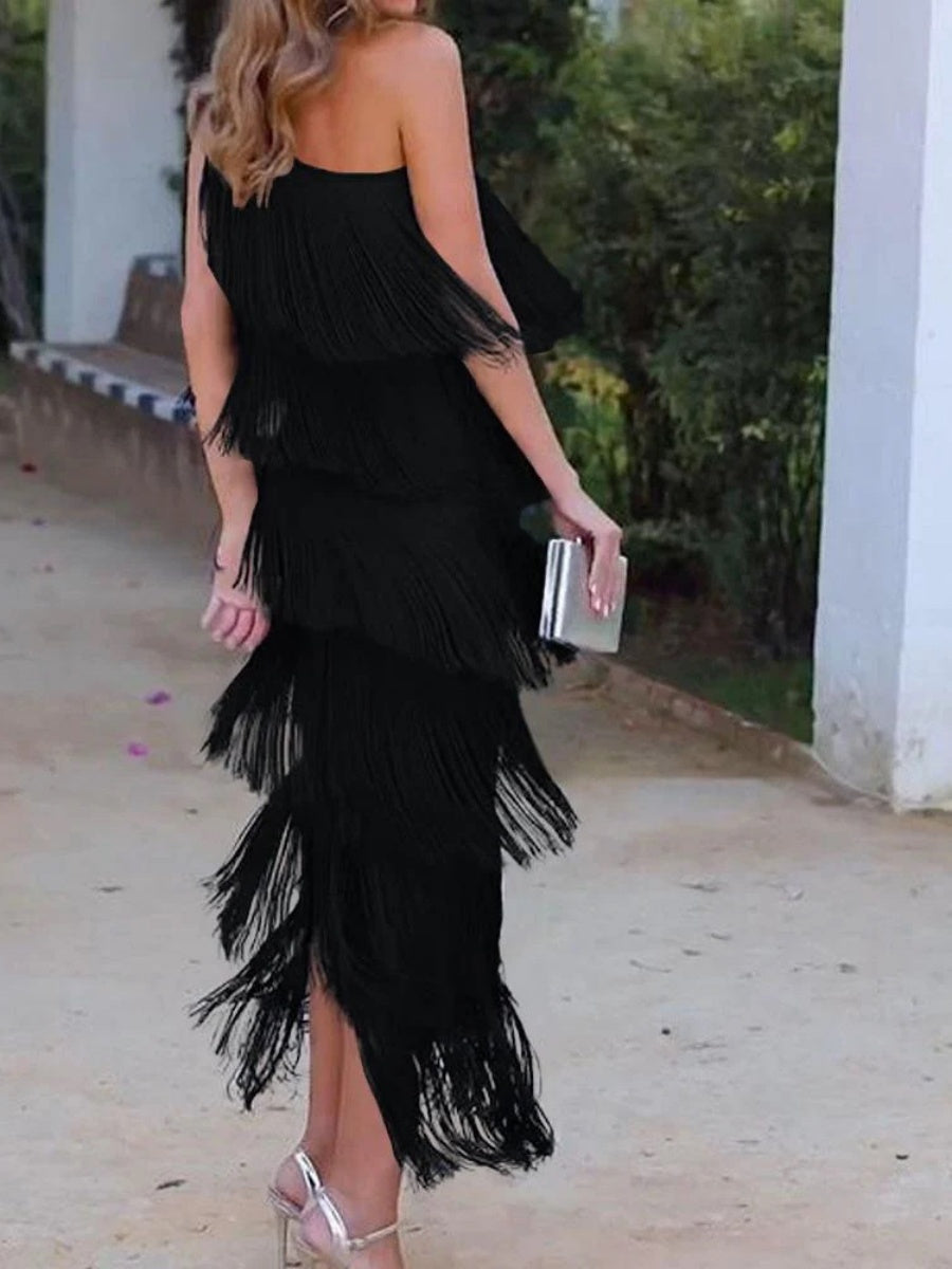Tassel Sloping Shoulders Asymmetrical Maxi Dresses