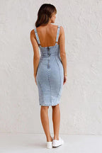 Denim Scoop Neck Zip Front Corset Panel Side Slit Midi Dress