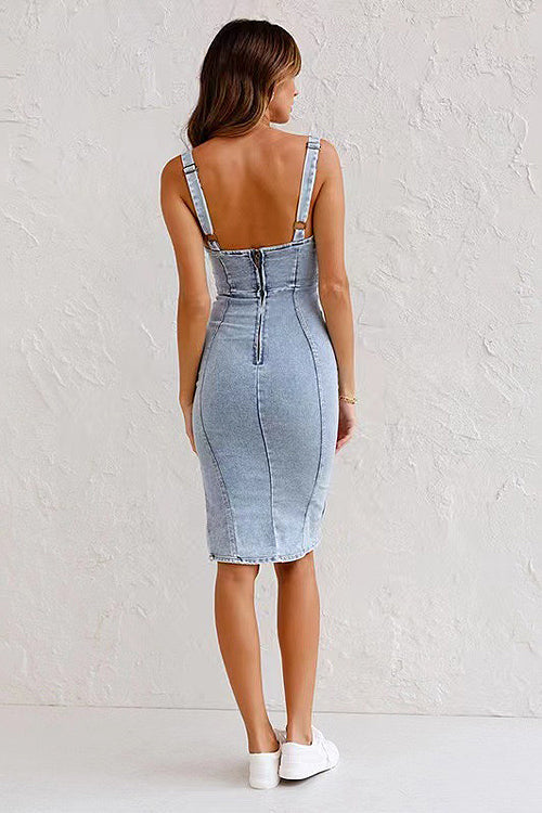 Denim Scoop Neck Zip Front Corset Panel Side Slit Midi Dress