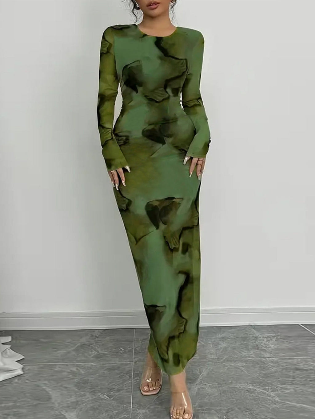 Printed Stretch Round Neck Long Sleeve Maxi Dresses