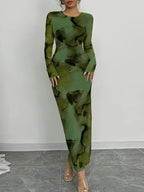 Printed Stretch Round Neck Long Sleeve Maxi Dresses