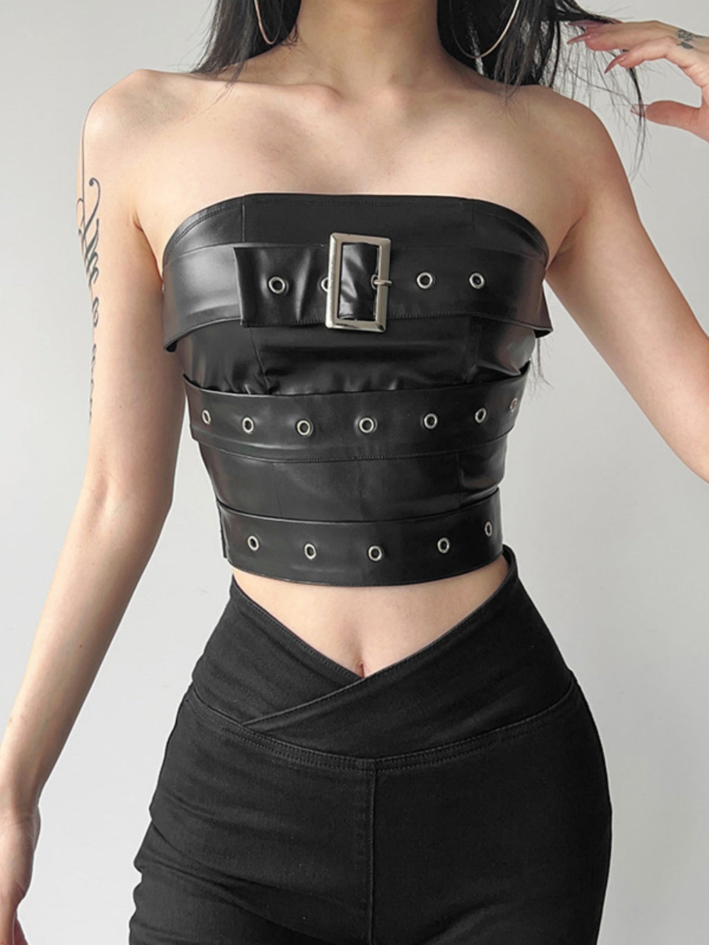 PU Leather Metal Buckle Decoration Strapless Vest