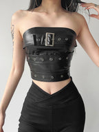 PU Leather Metal Buckle Decoration Strapless Vest