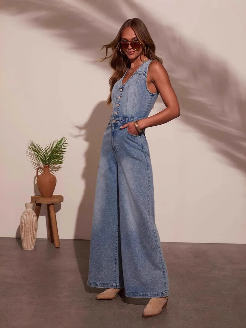 V-neck Sleeveless Denim Jumpsuit Trousers