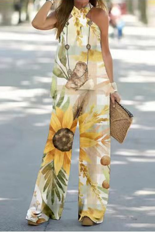 Criss Cross Halter Sleeveless Top Wide Leg Pants Printed Vacation Set