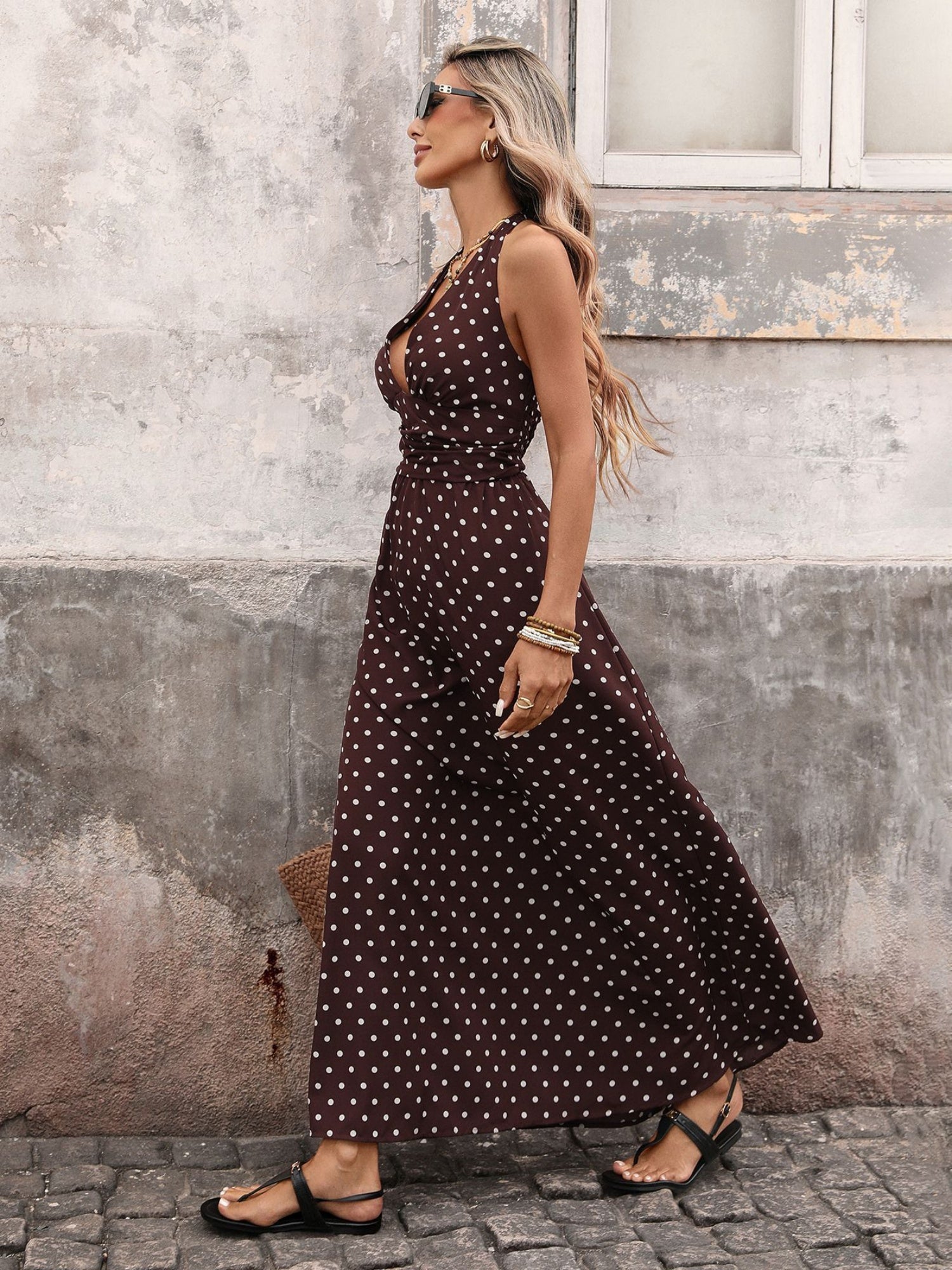 Polka Dots Deep V-neck Neckband Maxi Dresses