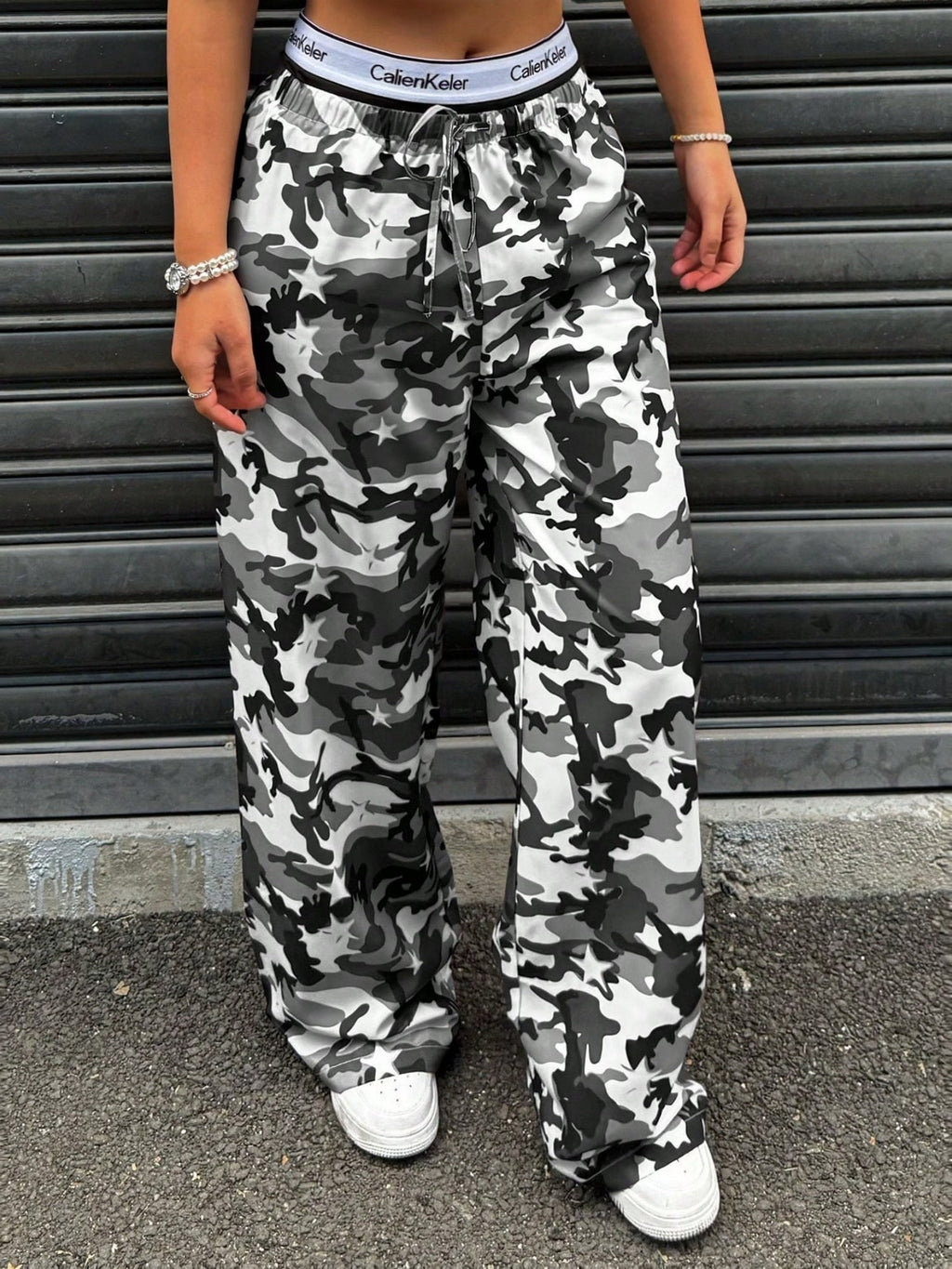 Camouflage Elastic Waistband Lace Up Pants