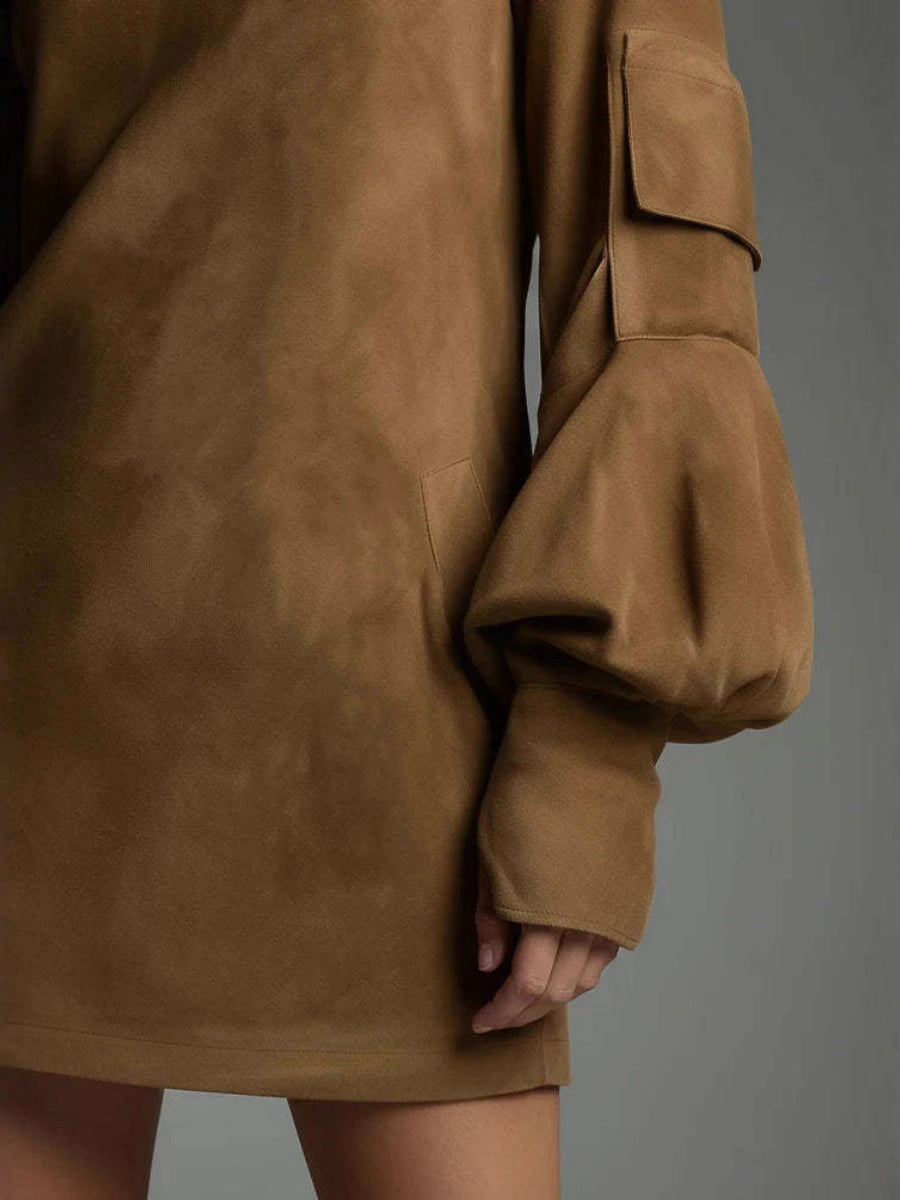 Old Deerskin High-necked Long-sleeved Pocket Mini&Short Dresses