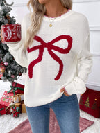 Bow Jacquard Loose Long-sleeved Round Neck Sweater