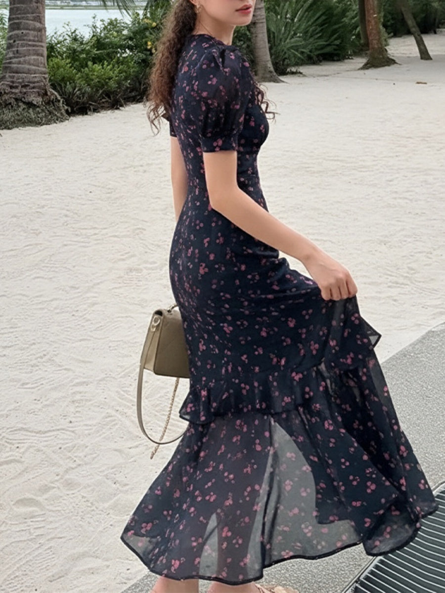 Printed Chiffon Temperament Wood Ear V-neck Puff Sleeve Maxi Dresses