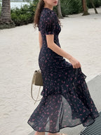 Printed Chiffon Temperament Wood Ear V-neck Puff Sleeve Maxi Dresses