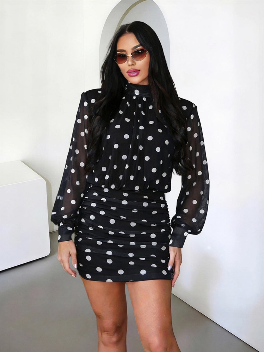 Polka Dots Backless Turtleneck Waist Shaping Hip Wrap Mini&Short Dresses