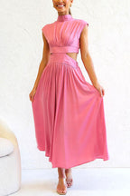 Mockneck Cut Out Waist Pockets Swing Dress