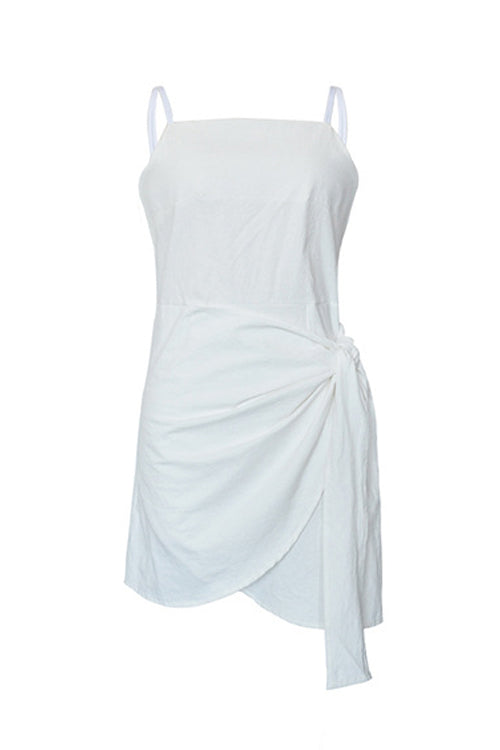 Square Neck Spaghetti Strap Side Bow Tie Wrap Mini Dress