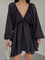 Deep V Neck Lantern Sleeve Pleated Waist Belted Mini Dress