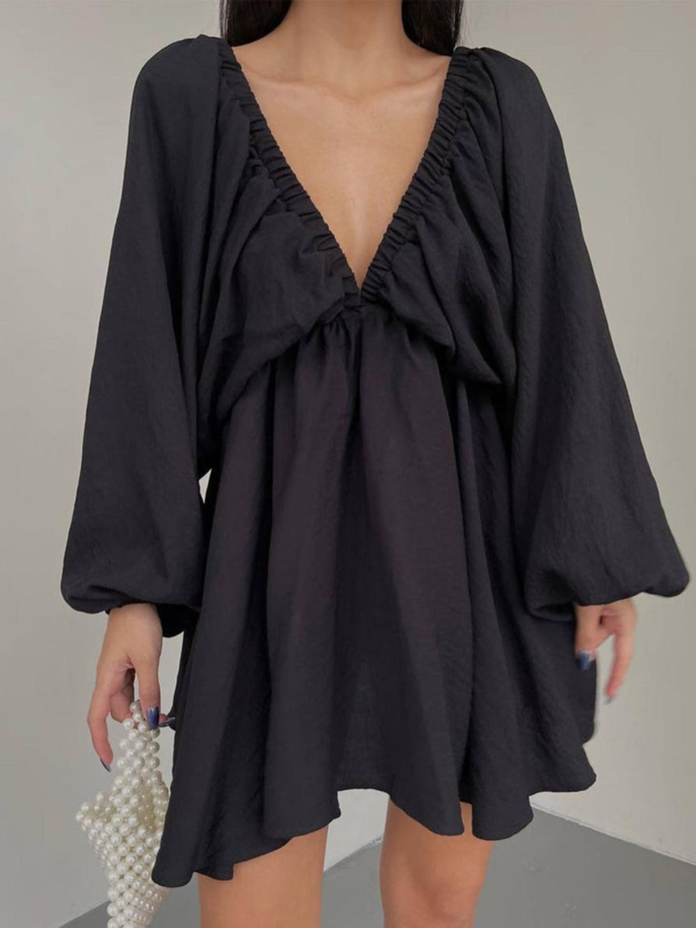 Deep V Neck Lantern Sleeve Pleated Waist Belted Mini Dress