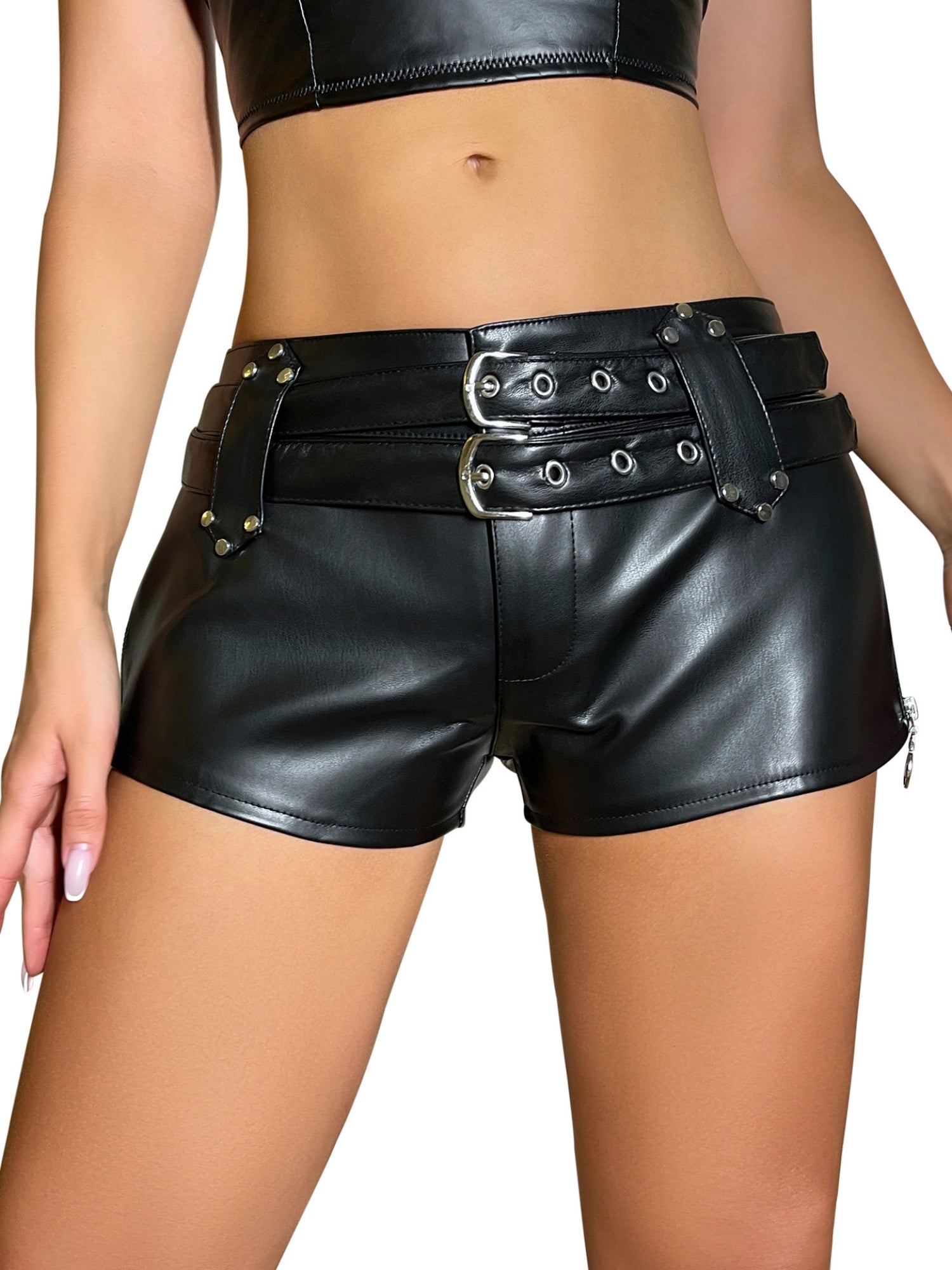 PU Leather Leather Buckle Low-waisted Elastic Shorts